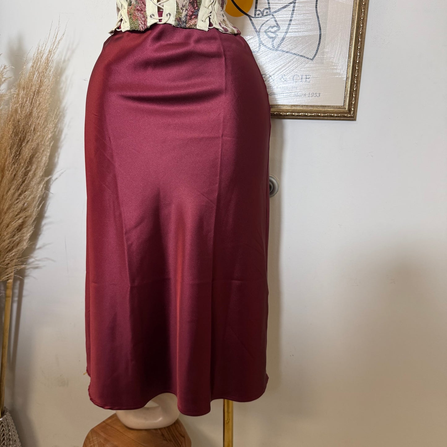 Satin Midi Skirt-Burgundy
