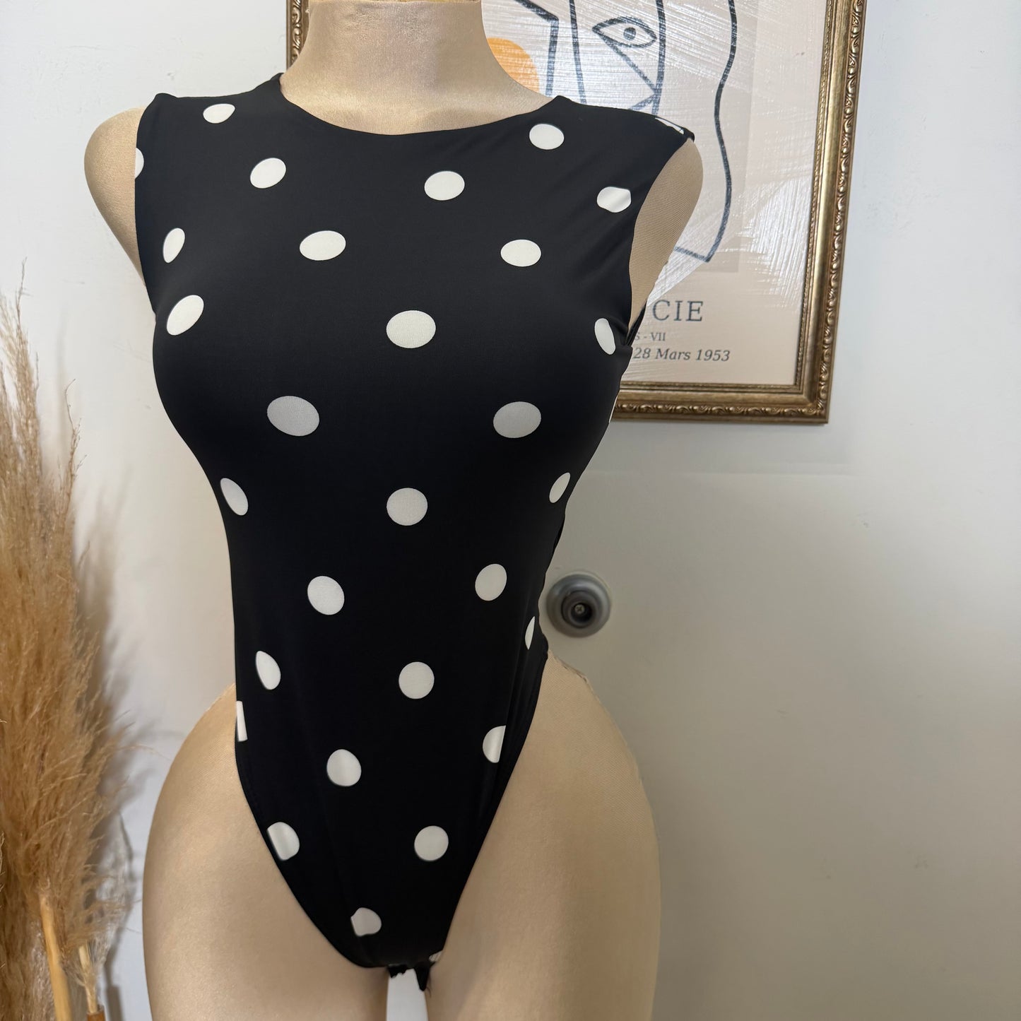 Round Neck Polka Dot Bodysuit-Black