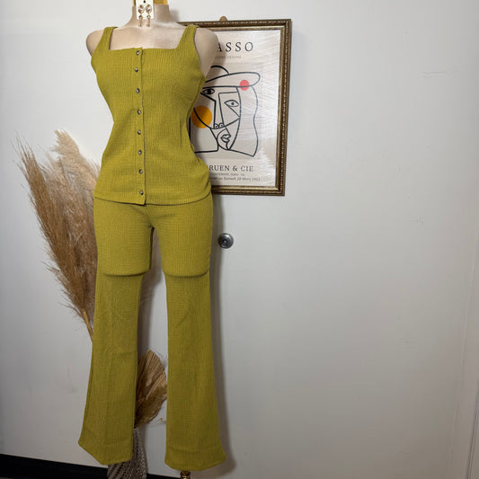 Square neck Vest & Flare Pant set-Green Olive