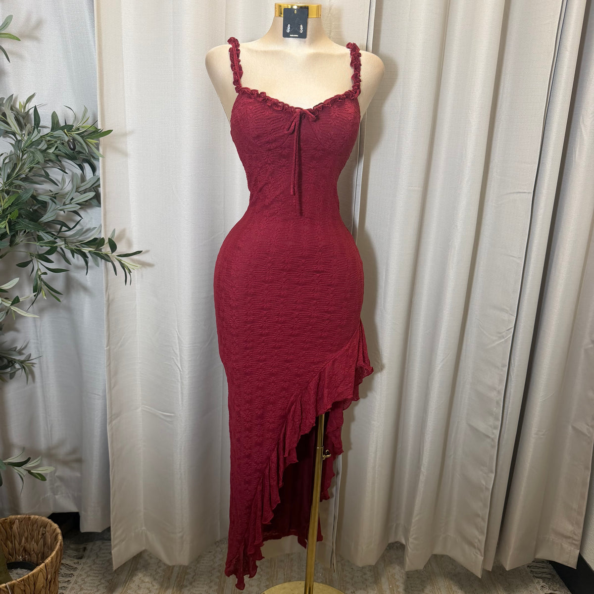 Daisy Asymmetric Skirt Midi Dress-Burgundy