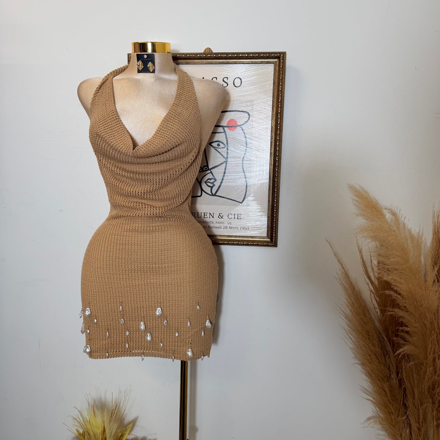Halter Neck Pearl Embellished Knit Mini Dress-Mocha