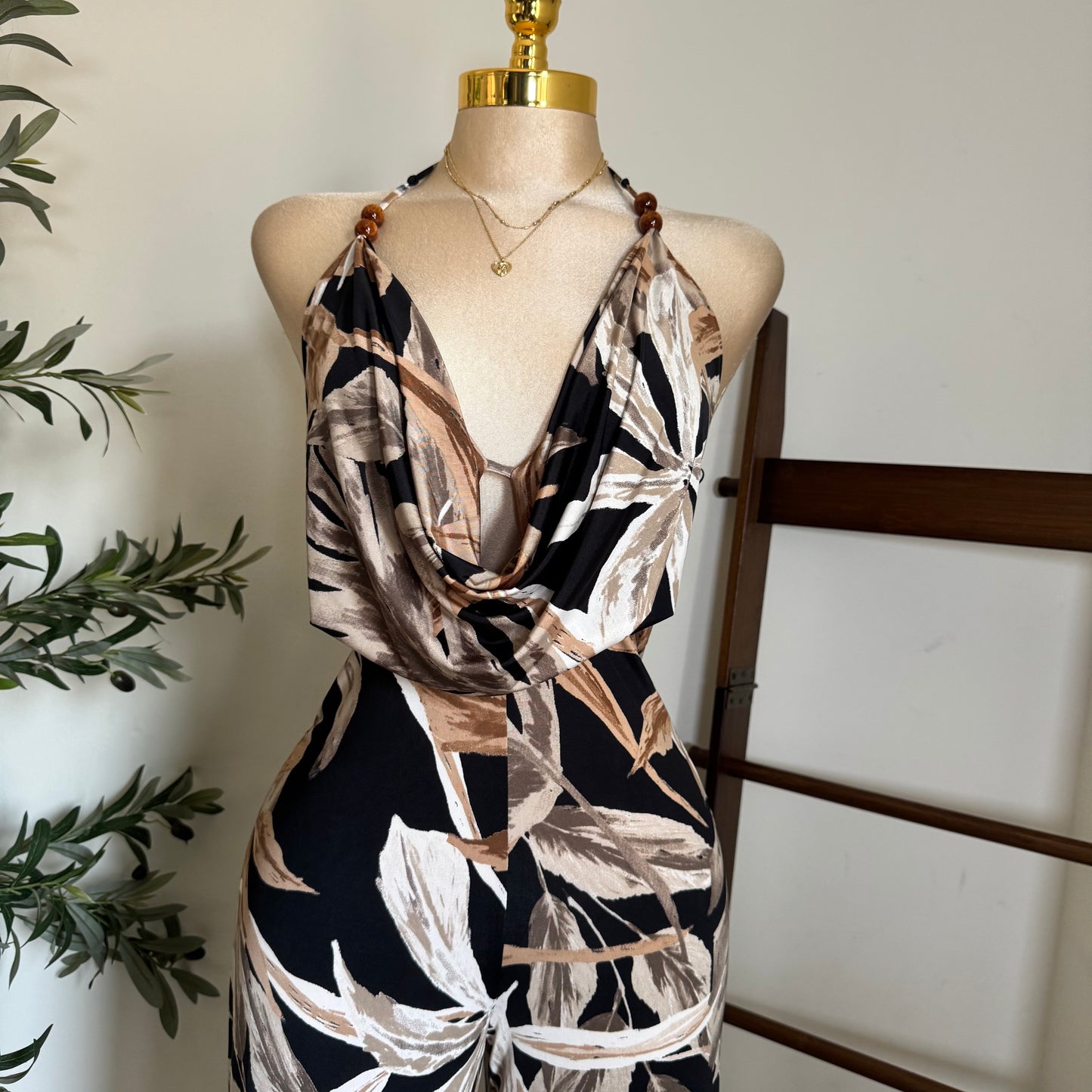 Bead Cowl Neck Halter Jumpsuit-Leaf Print