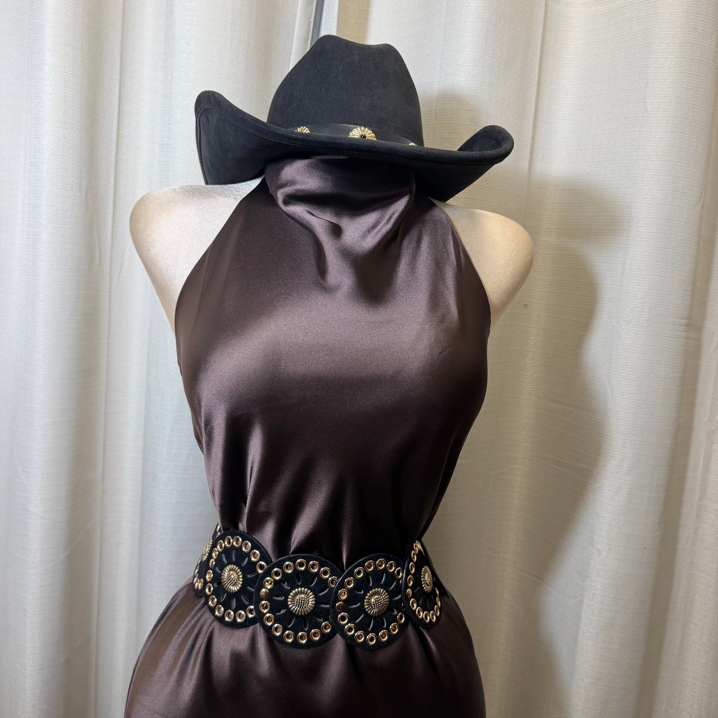 Satin Asymmetrical Midi Dress-Brown