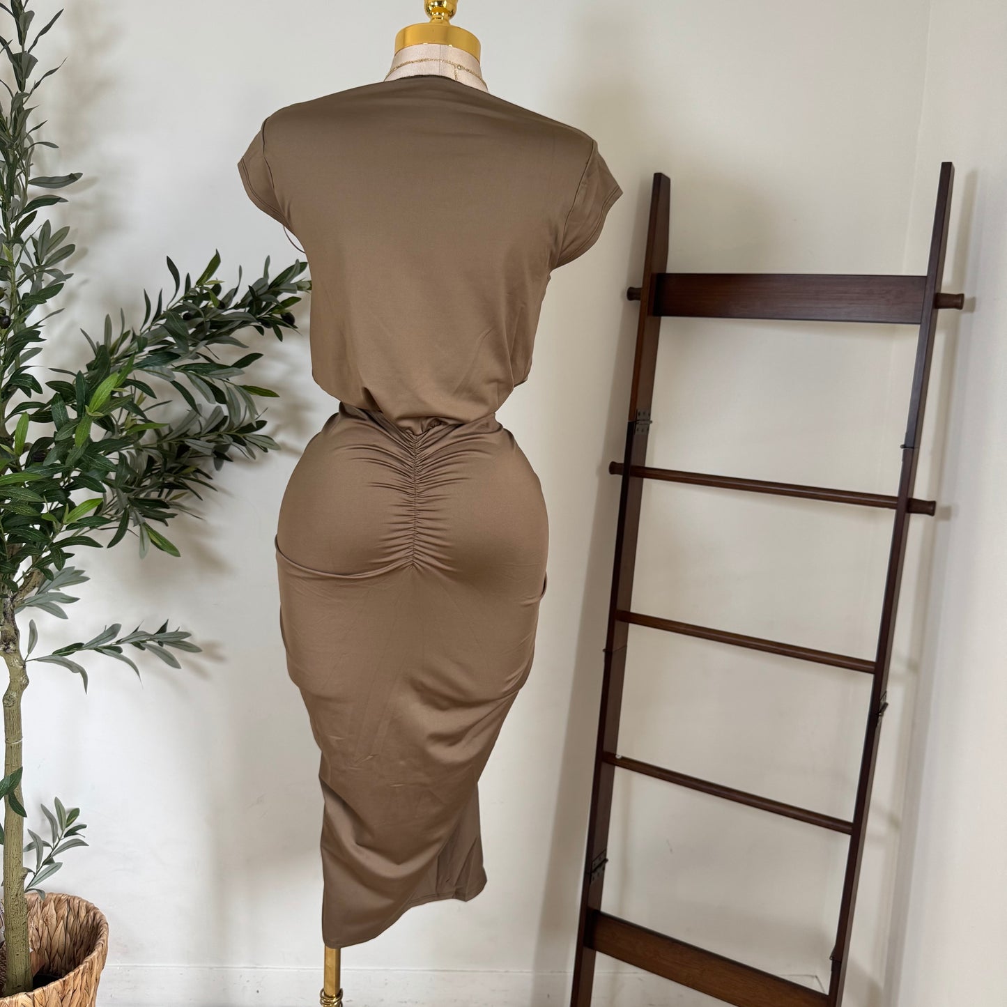 Ruched Elegance Draped Midi Dress-Mocha