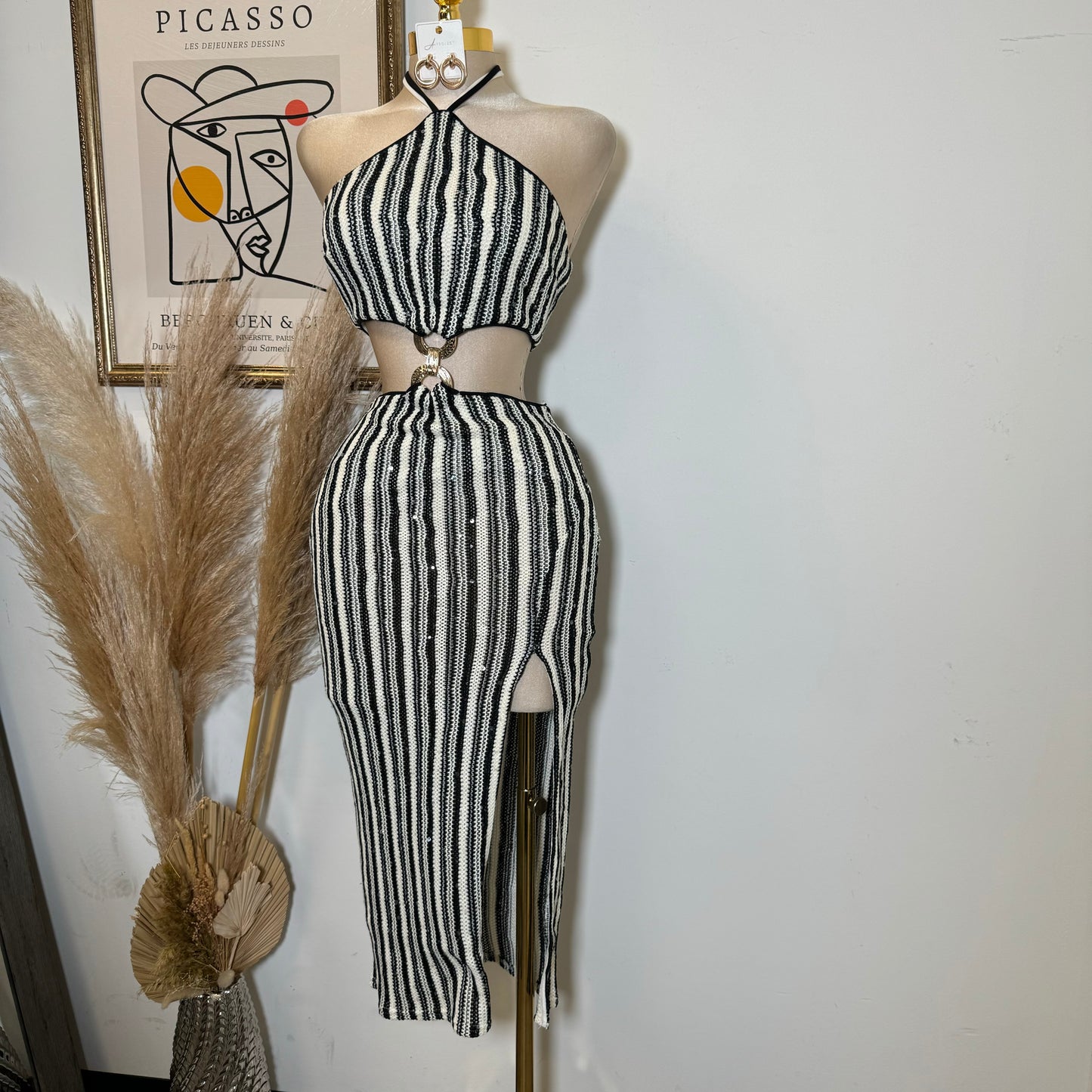 Solid Cut & Sew Knit Cut Out Waist Tie Neck Midi Dress-Black/Oat