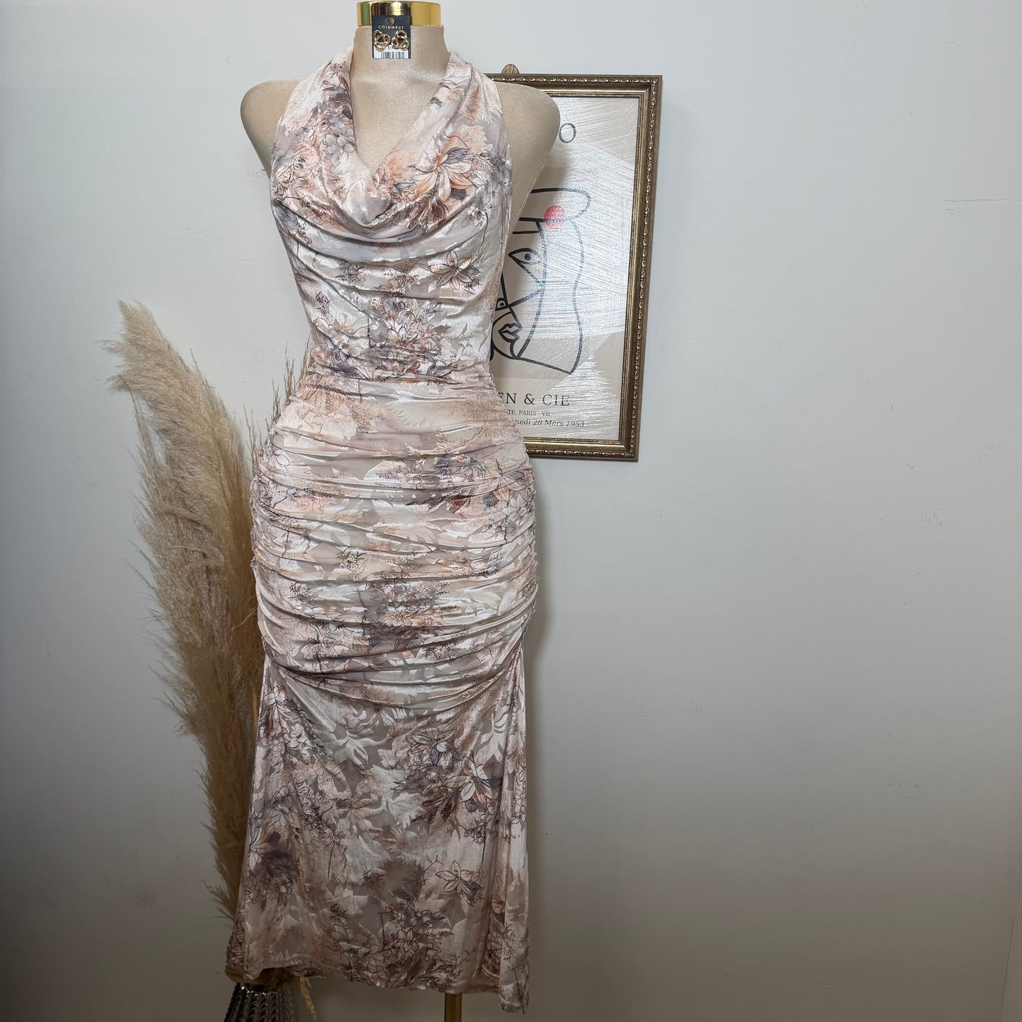 Metallic Printed Mesh halter Ruched Midi Dress-Taupe multi