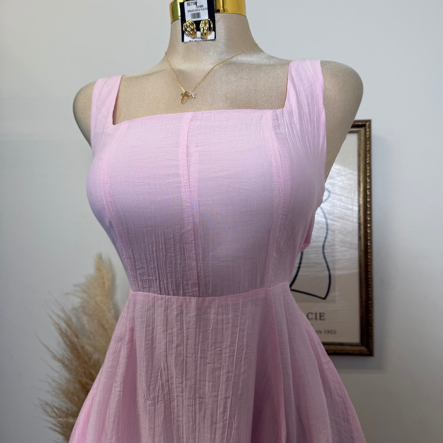 Square Neck Midi Dress-Pink