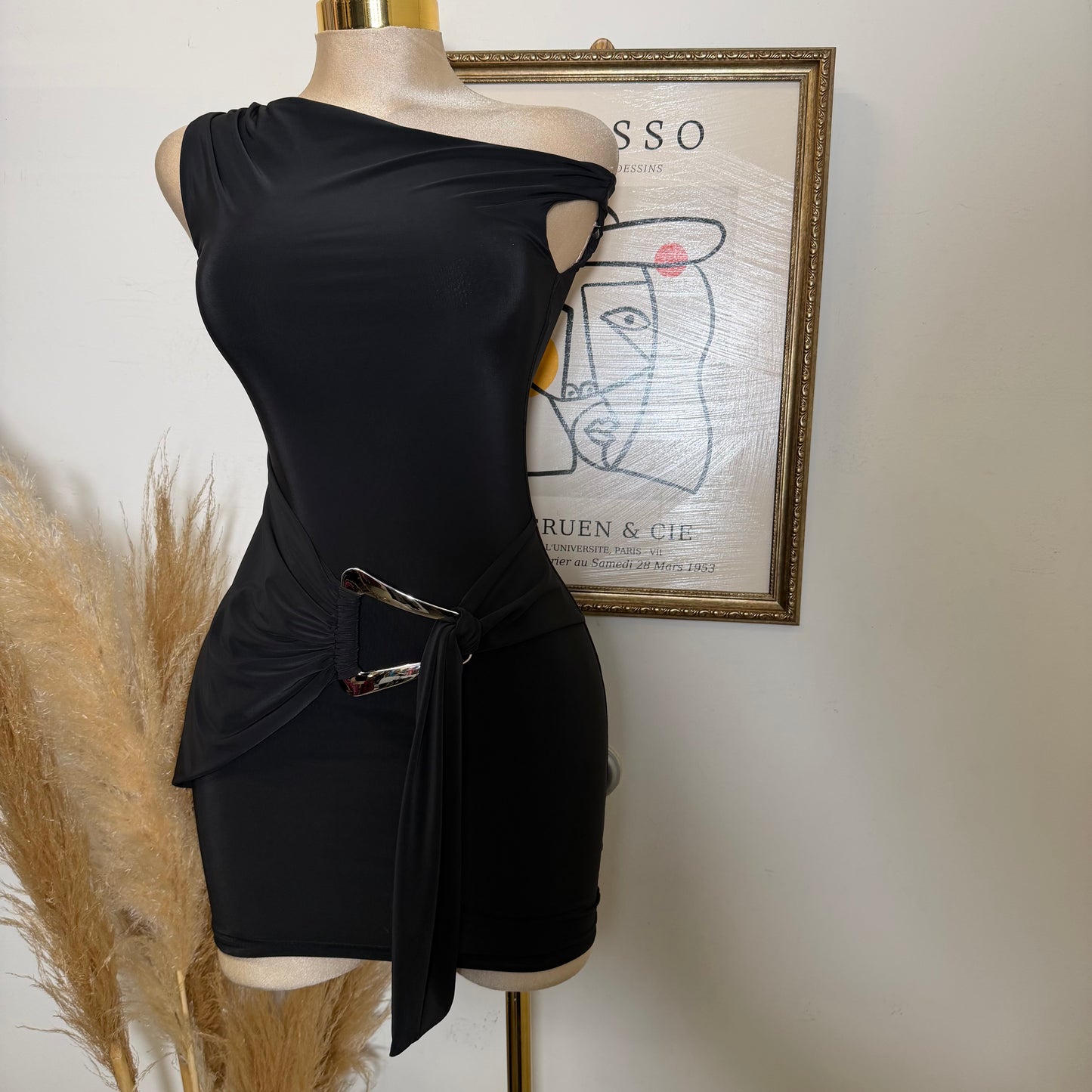 Halter Drape Trim Detail Mini Dress-Black
