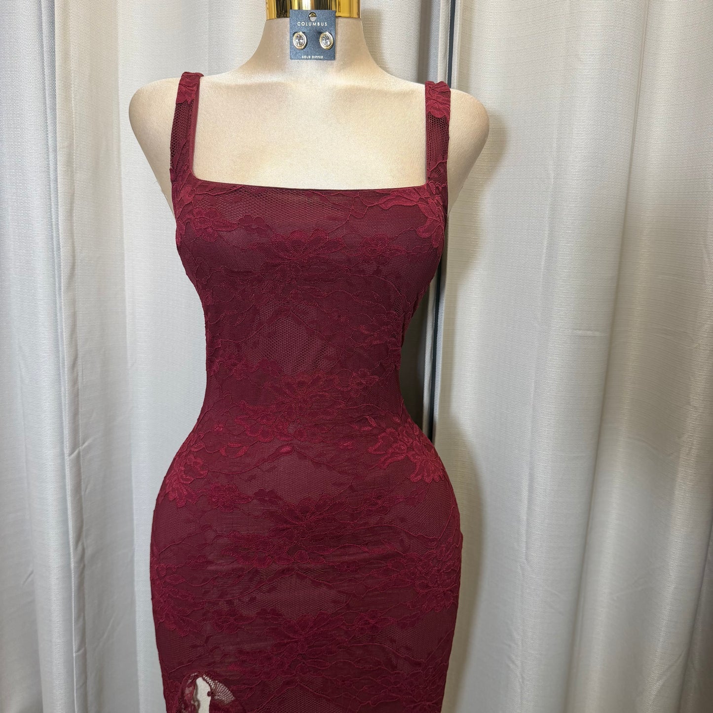 Floral lace Ruffle slit maxi Dress-Burgundy