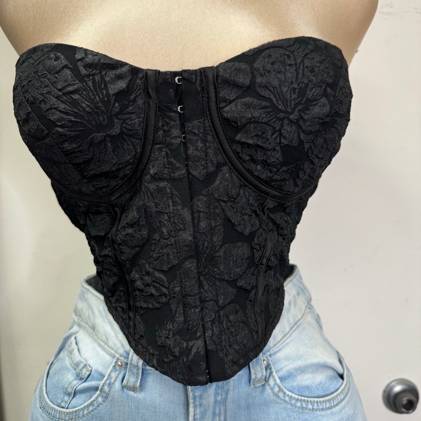 Floral Jacquard Knit Corset Top-Black