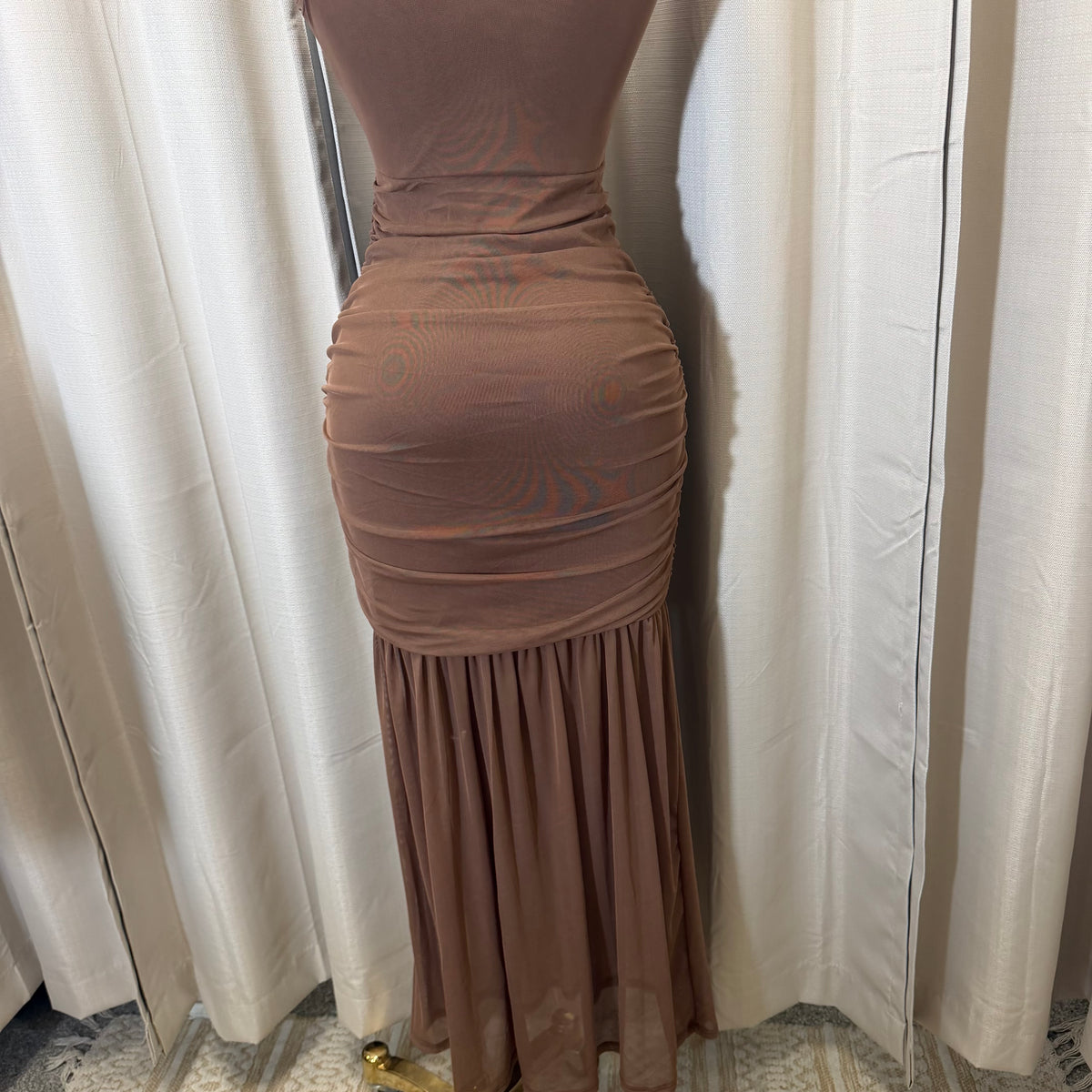 Short Sleeve Solid Mesh  Maxi Dress-Brown