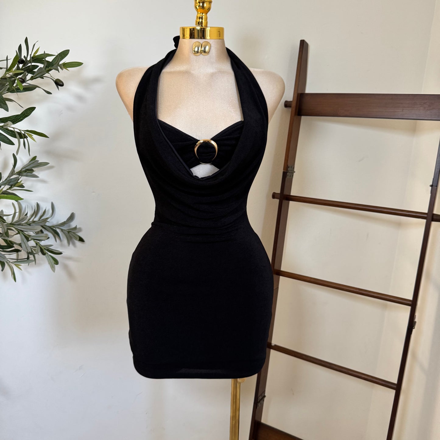 Cowl Halter Dress  -Black