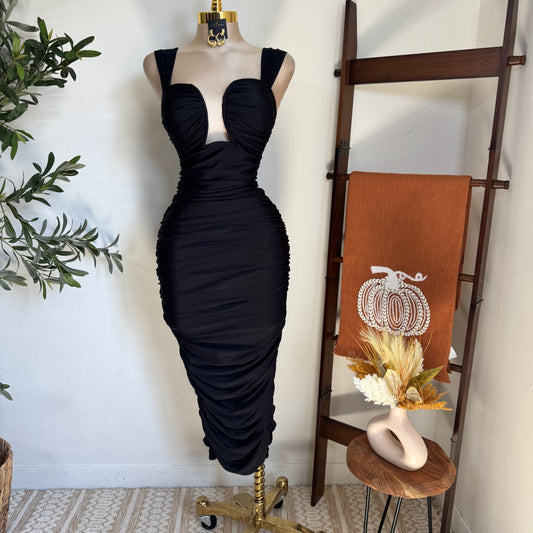Ruched Midi Dress-Black