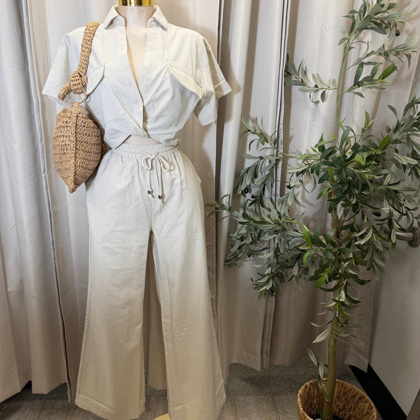 Front twist Top and wide leg pant Set-Beige