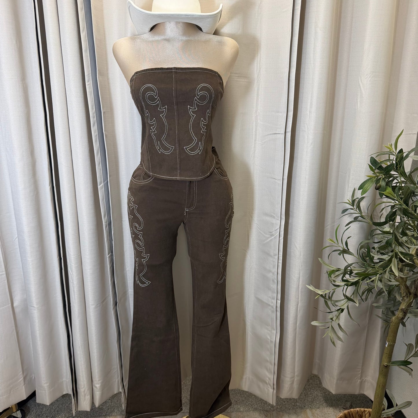 Embroidery Vest and Pant Set-Brown