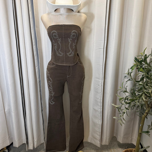 Embroidery Vest and Pant Set-Brown