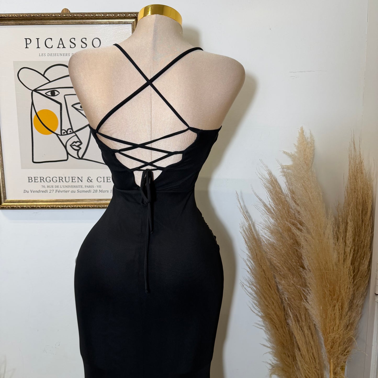 Solid Mesh Back Criss Cross Maxi Dress-Black