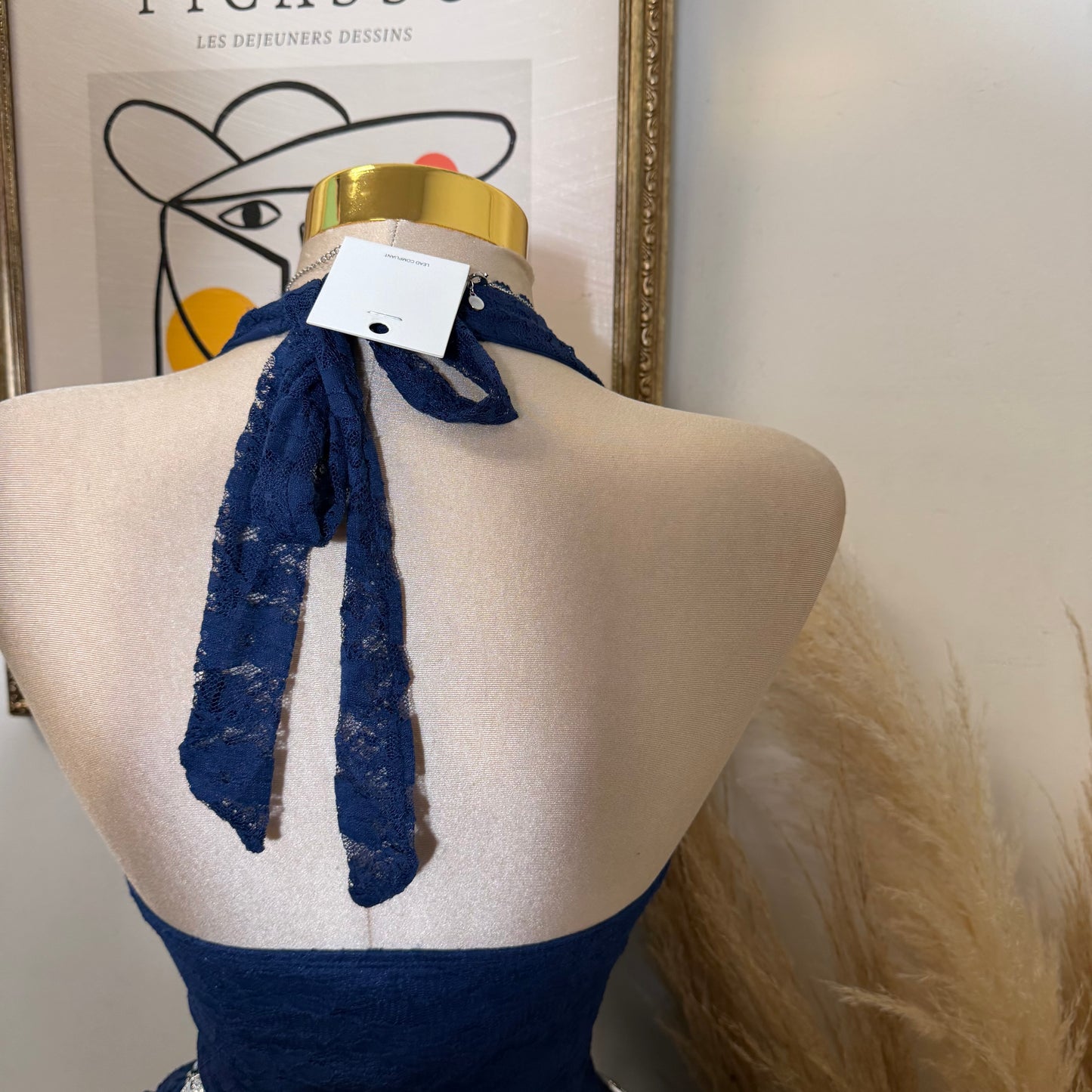 Lace Halter Mini Dress With Flared Skater Skirt-Navy