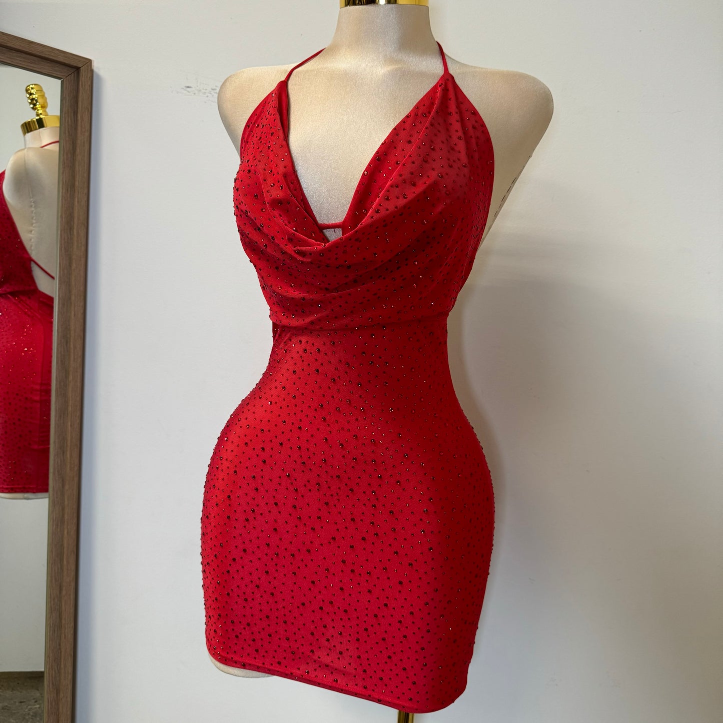 Cowl Rhinestone Dress-Red