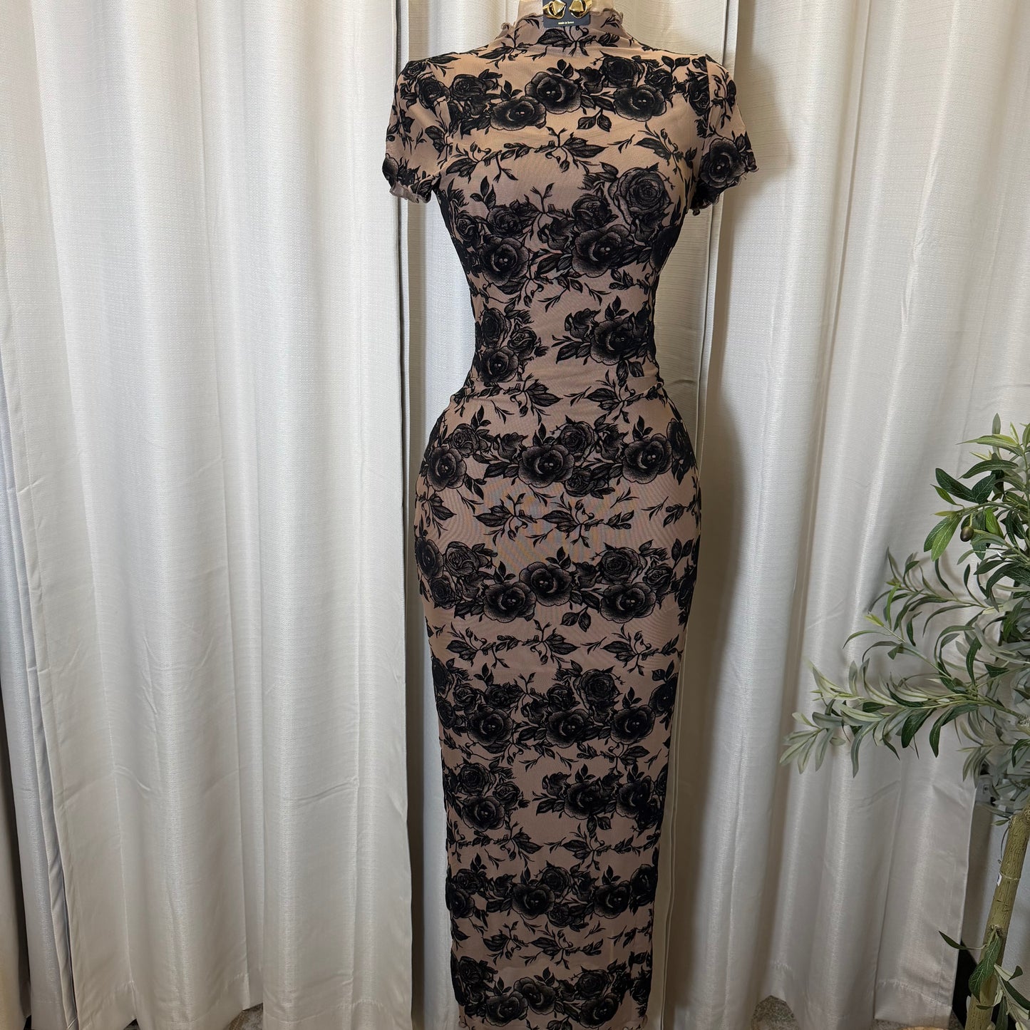 Luxi Mesh Flower Print Dress-Brown