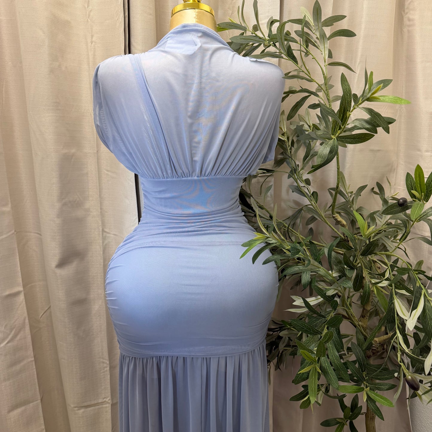 Mesh & Knit Mix Long Dress-Light Blue