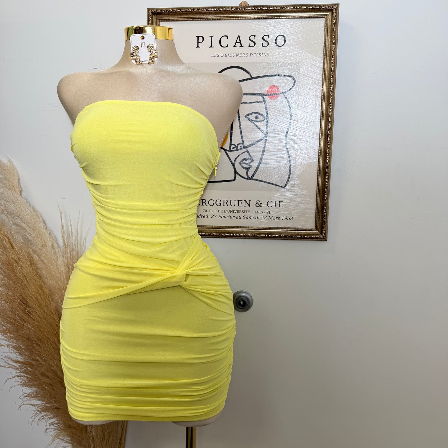 Strapless Ruched Mini Dress-Yellow