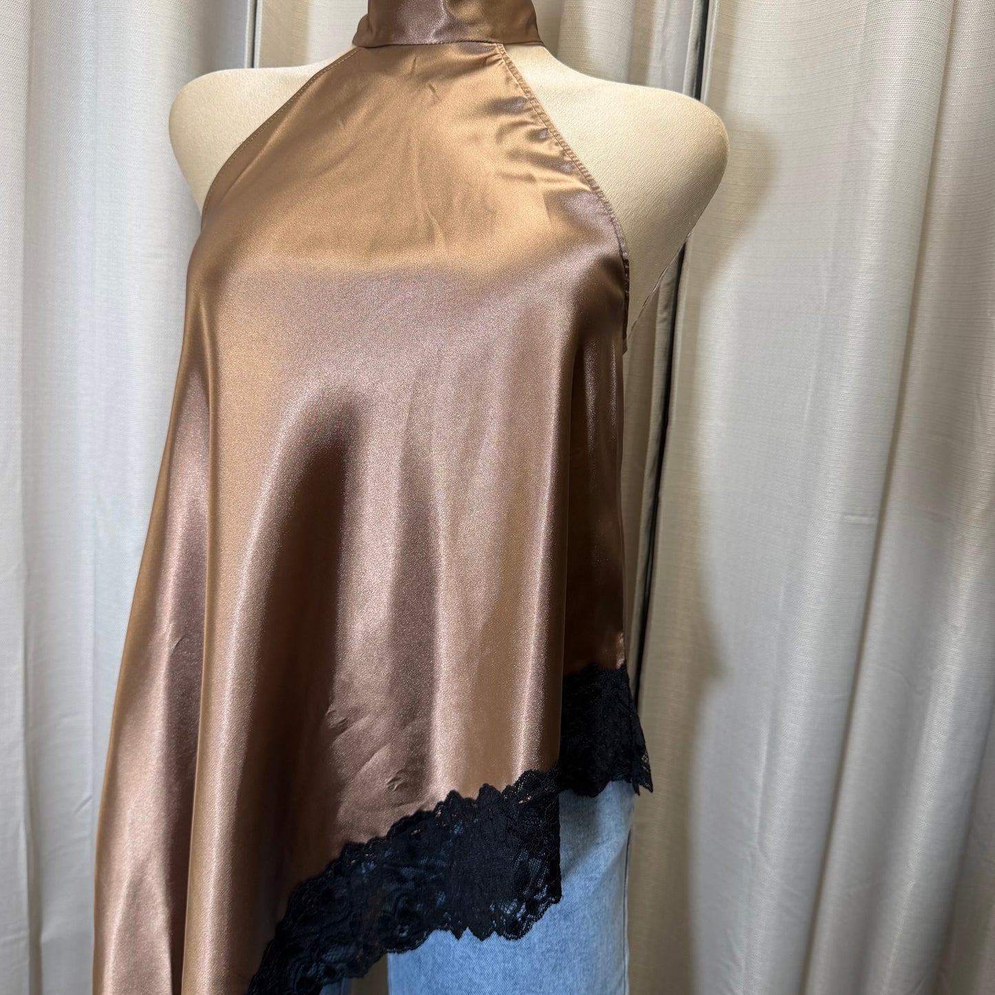 Satin Lace Asymmetrical Top-Brown with Black