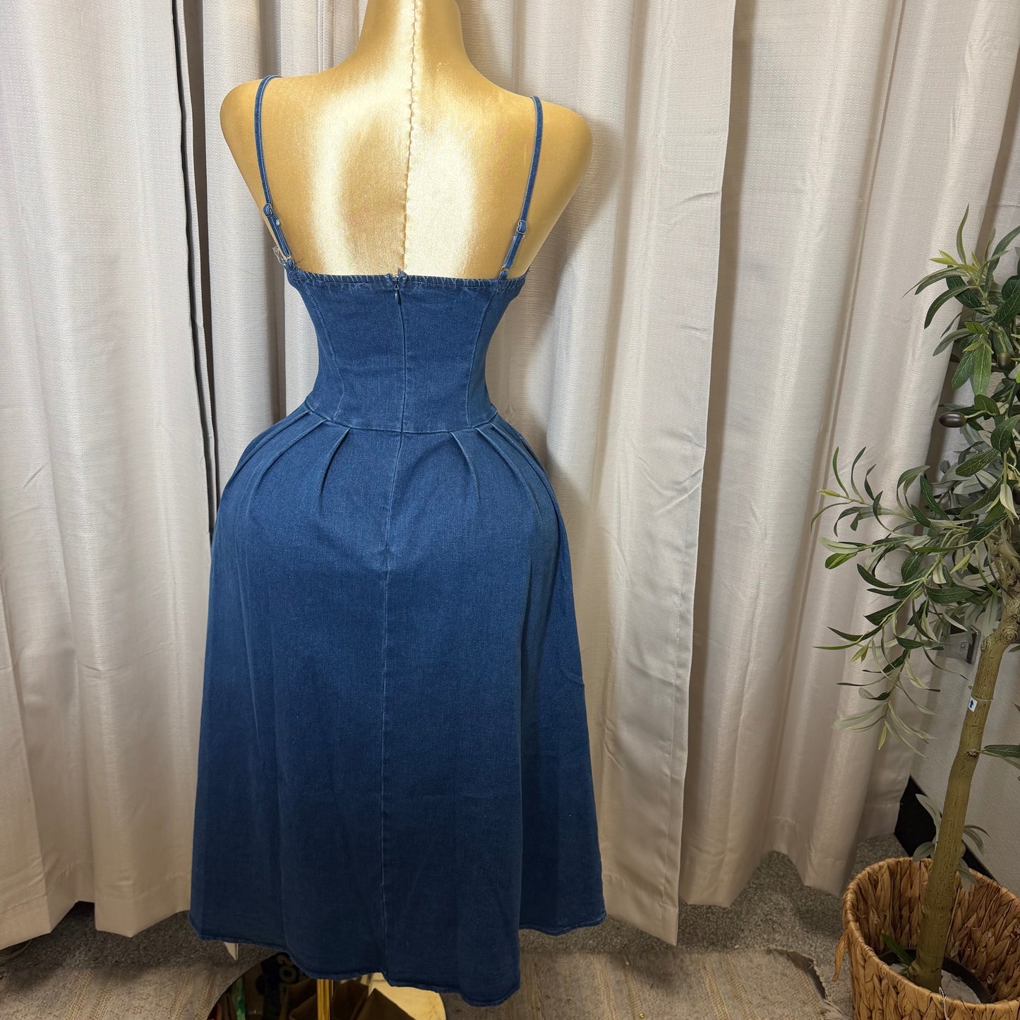 Stretch Denim Corset Midi Dress with pockets-Denim