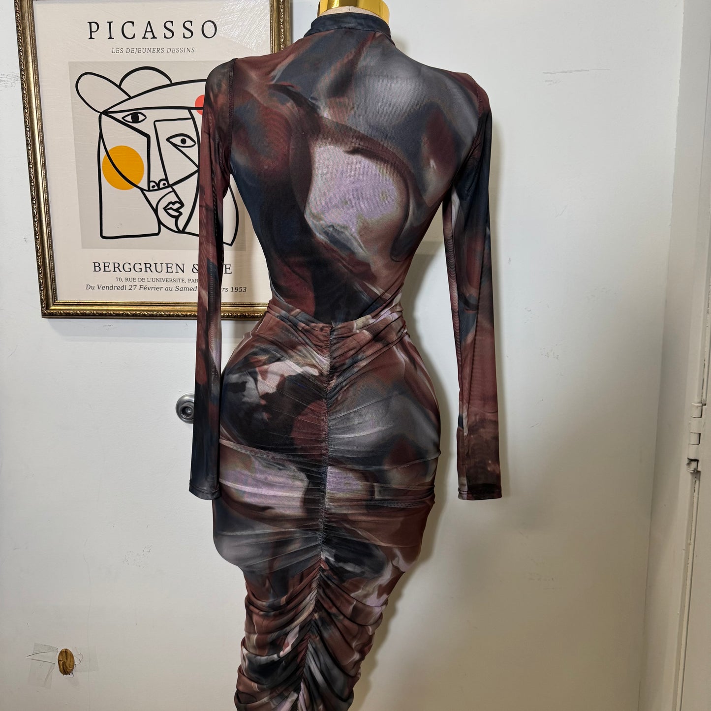 Multi Colored Mock Neck Long Sleeve Maxi Dress-Brown