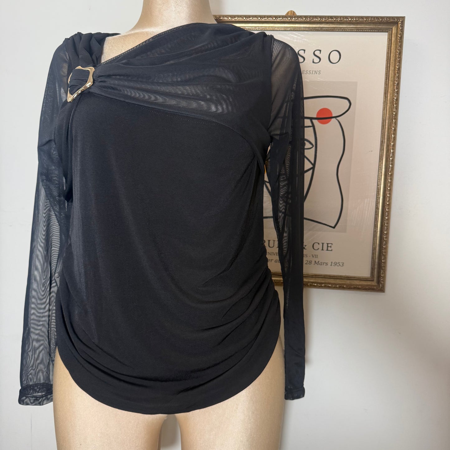 Long Sleeve Mesh Top with Gold Detail PL-Black