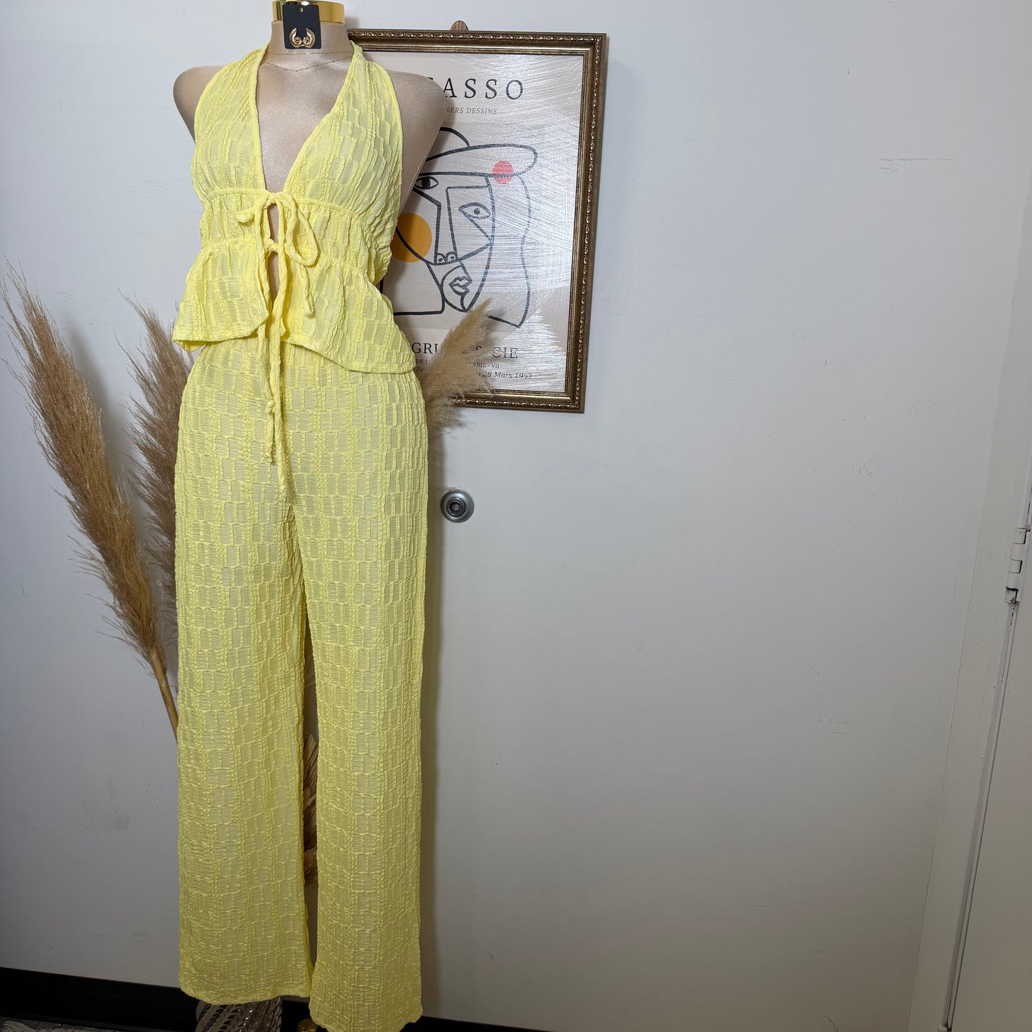 Front Tie Spaghetti Tie Halter Neck Top and pant set-Light Yellow