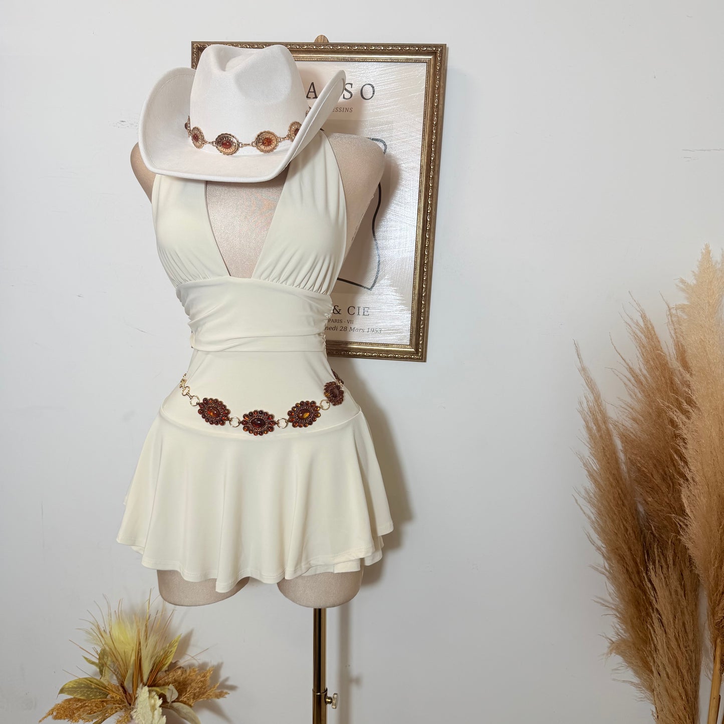 Sleeveless Open Back Halter Ruffle Romper-Beige