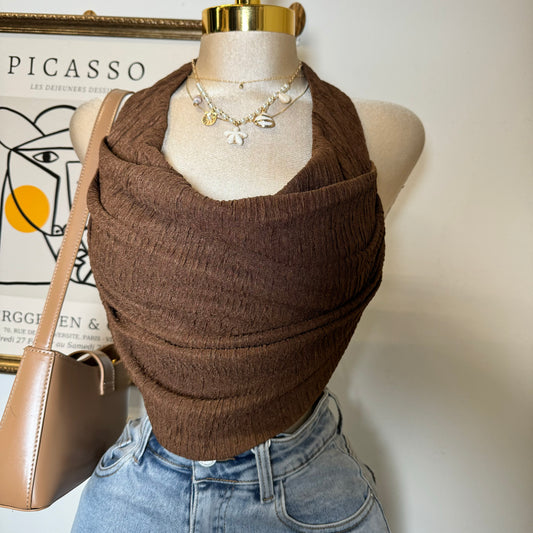 Cowl Crop Top-Brown
