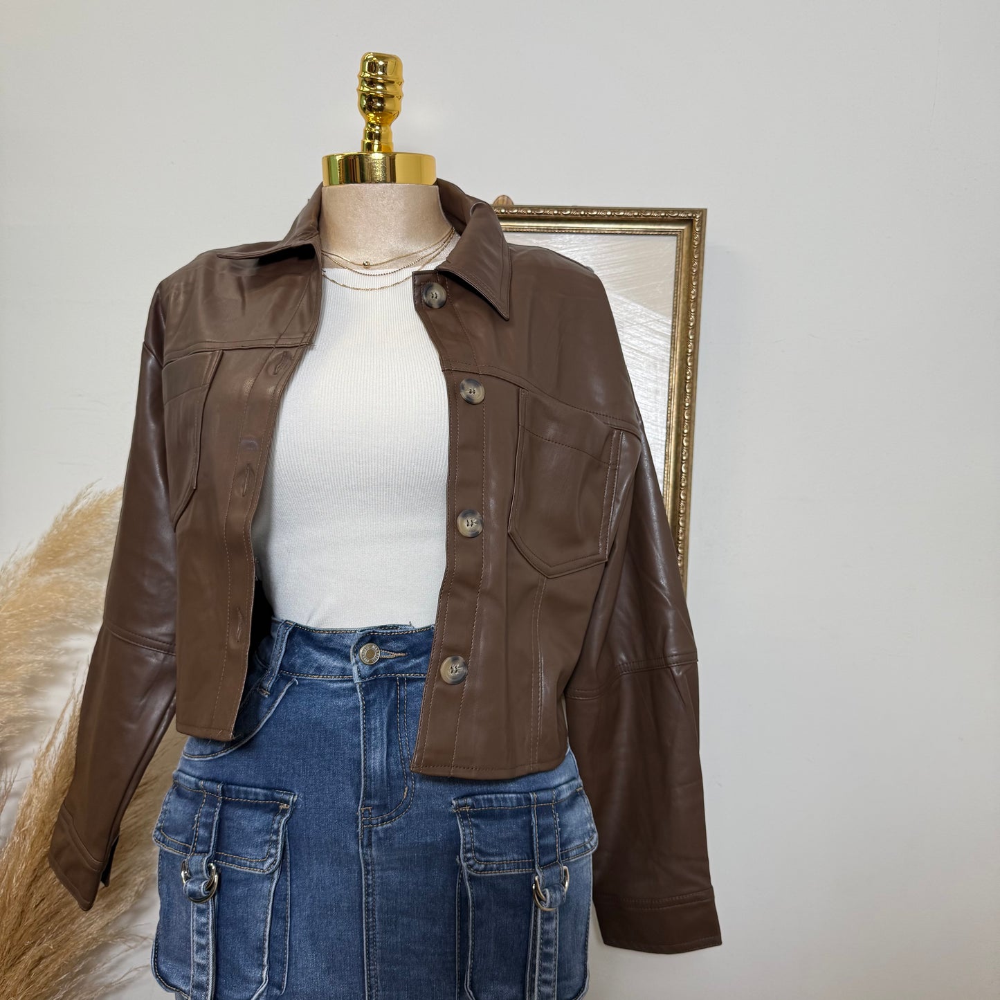 Pu Faux Leather Cropped Jacket-Brown