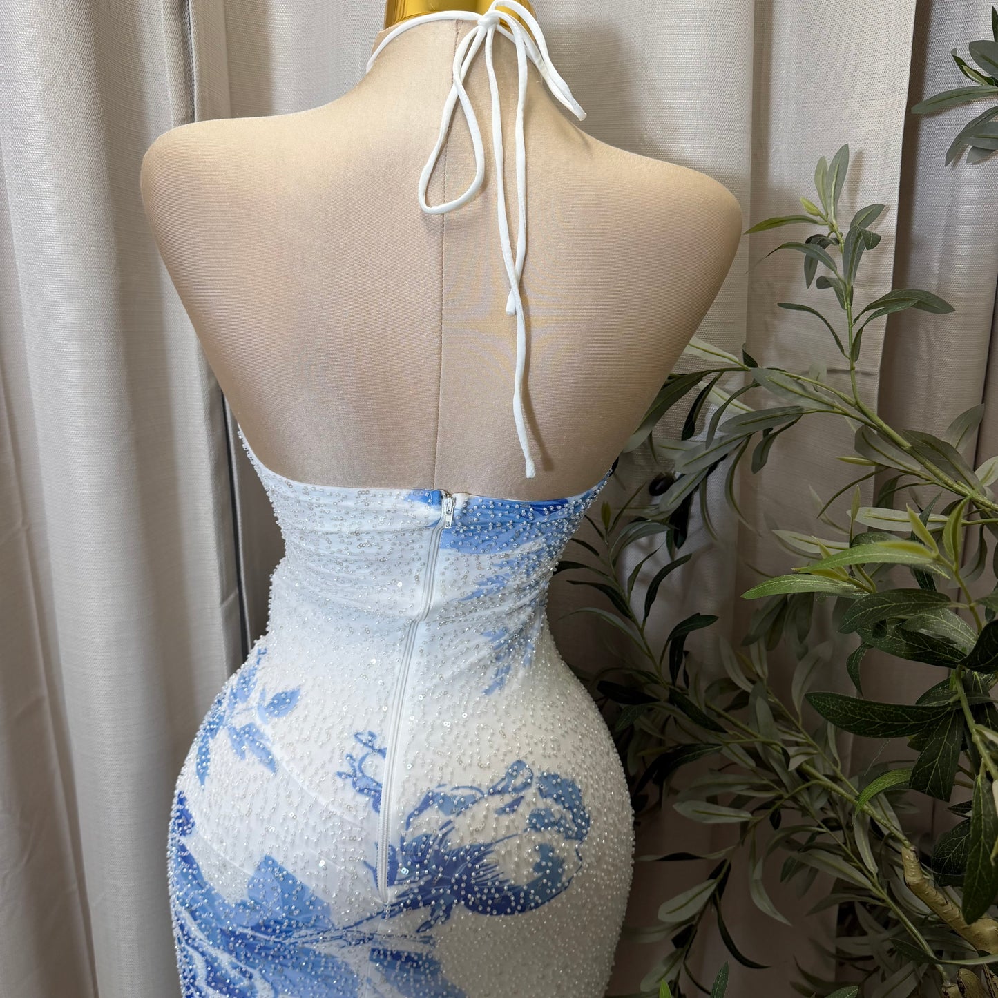 Halter Neck Open back Midi Dress-Blue/white