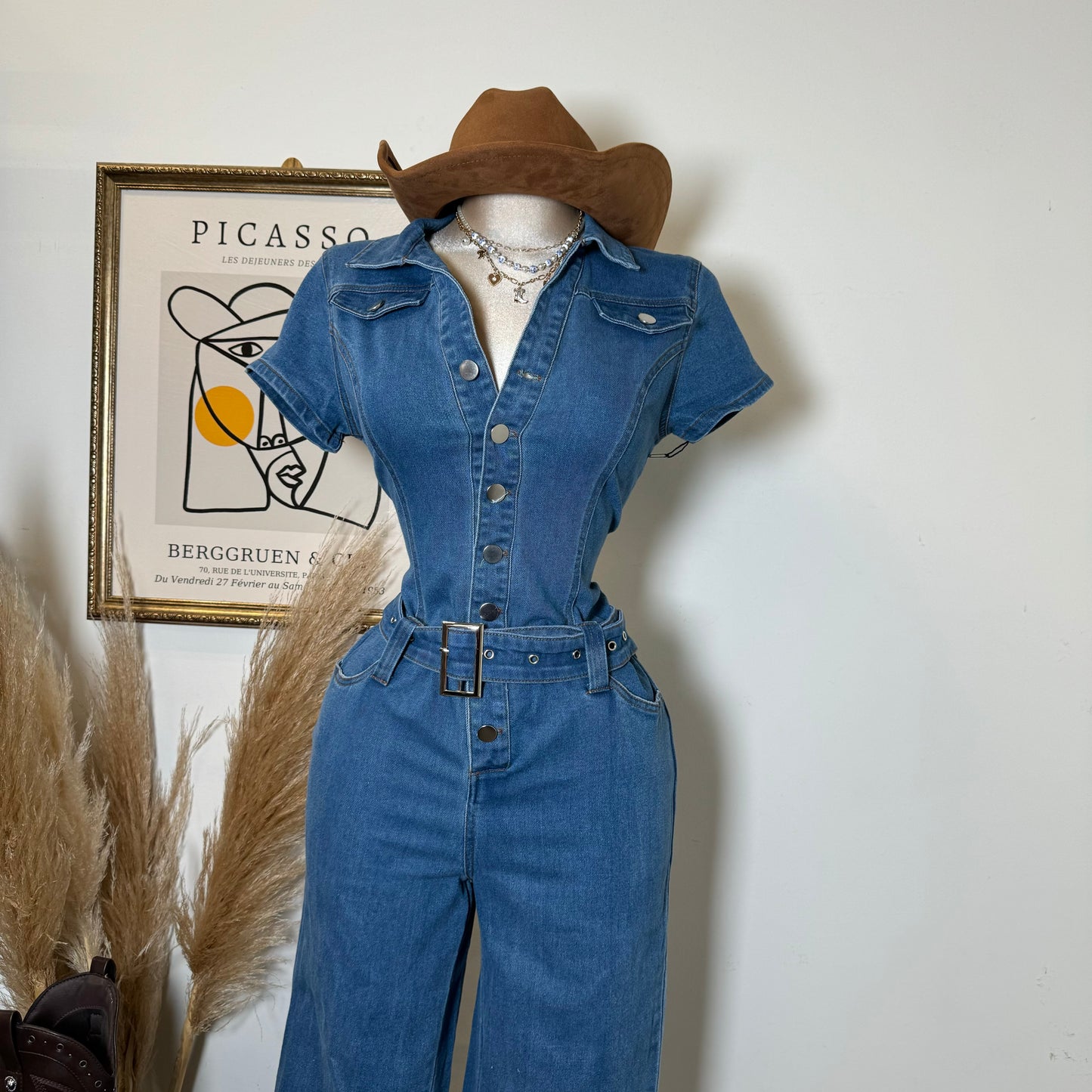 Belt Short Sleeve Jumpsuit-Denim Blue