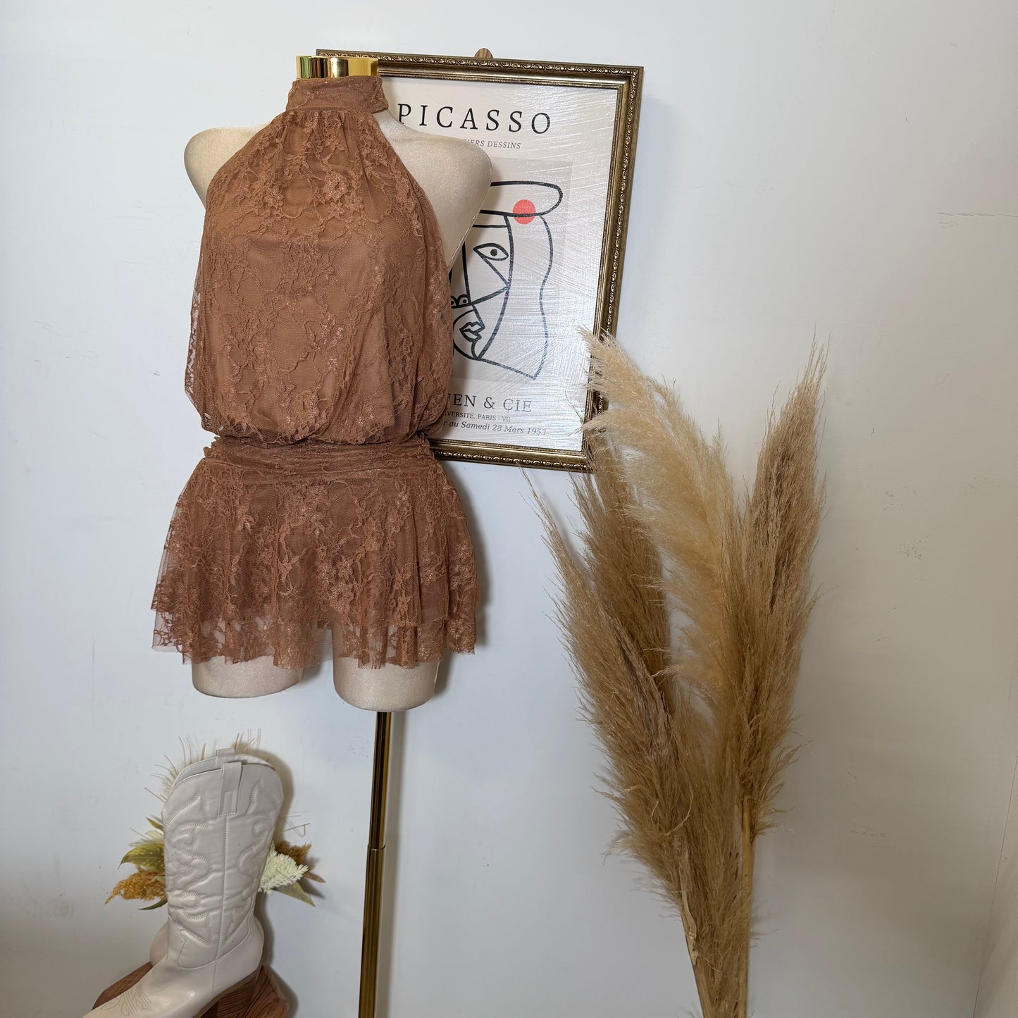 Halter lace Mini Dress-Caramel