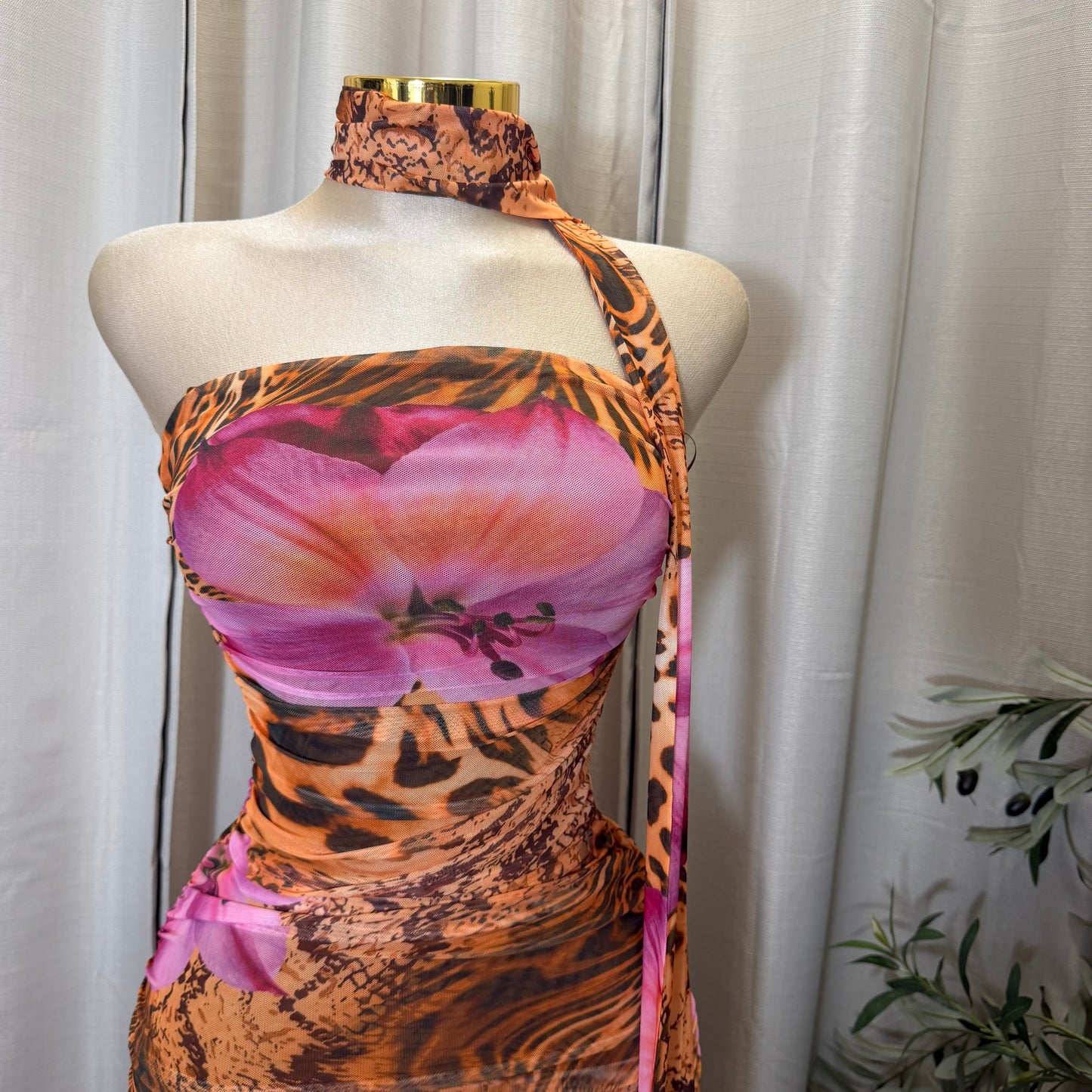 PRINT RUCHED MIDI DRESS-Brown Pink