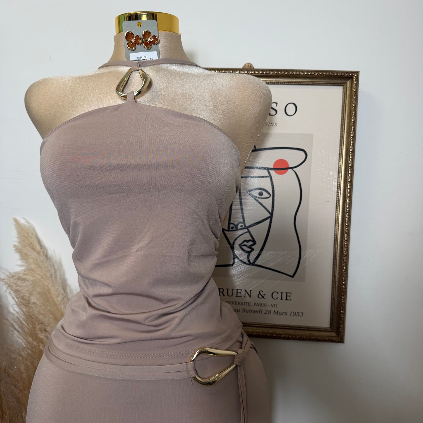Keyhole Halter Top W/ Midi Skirt Set-Taupe