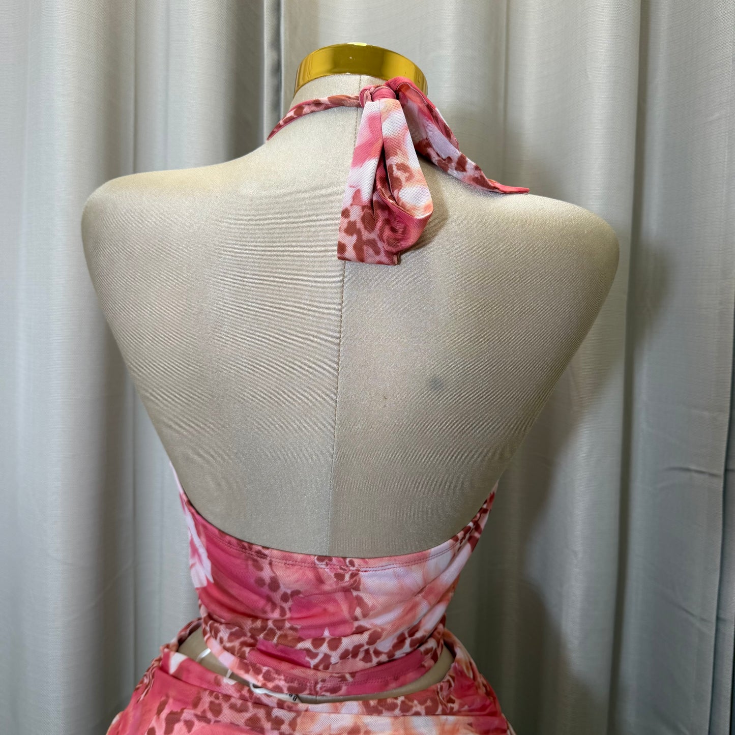 Halter Pink Corset Skirt Set-Pink