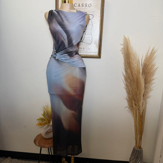 Short Sleeve Mesh Dress-Blue