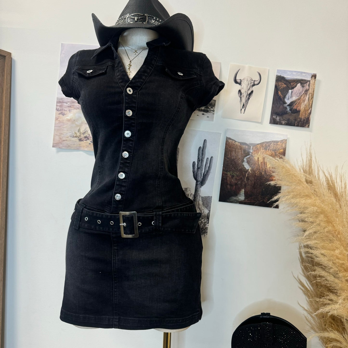 Denim Belt Mini Dress-Black