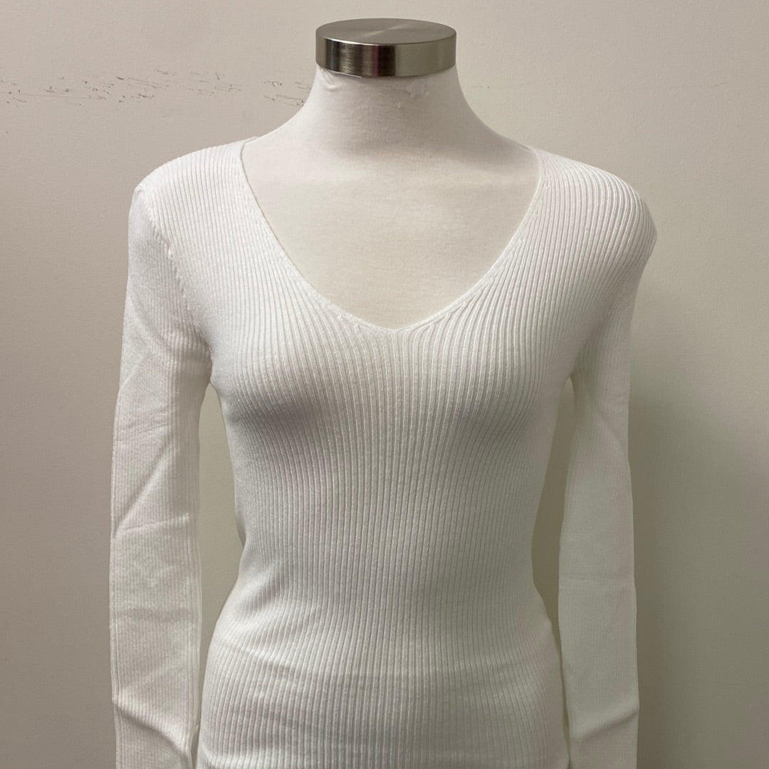 V neck Sweater Top-White