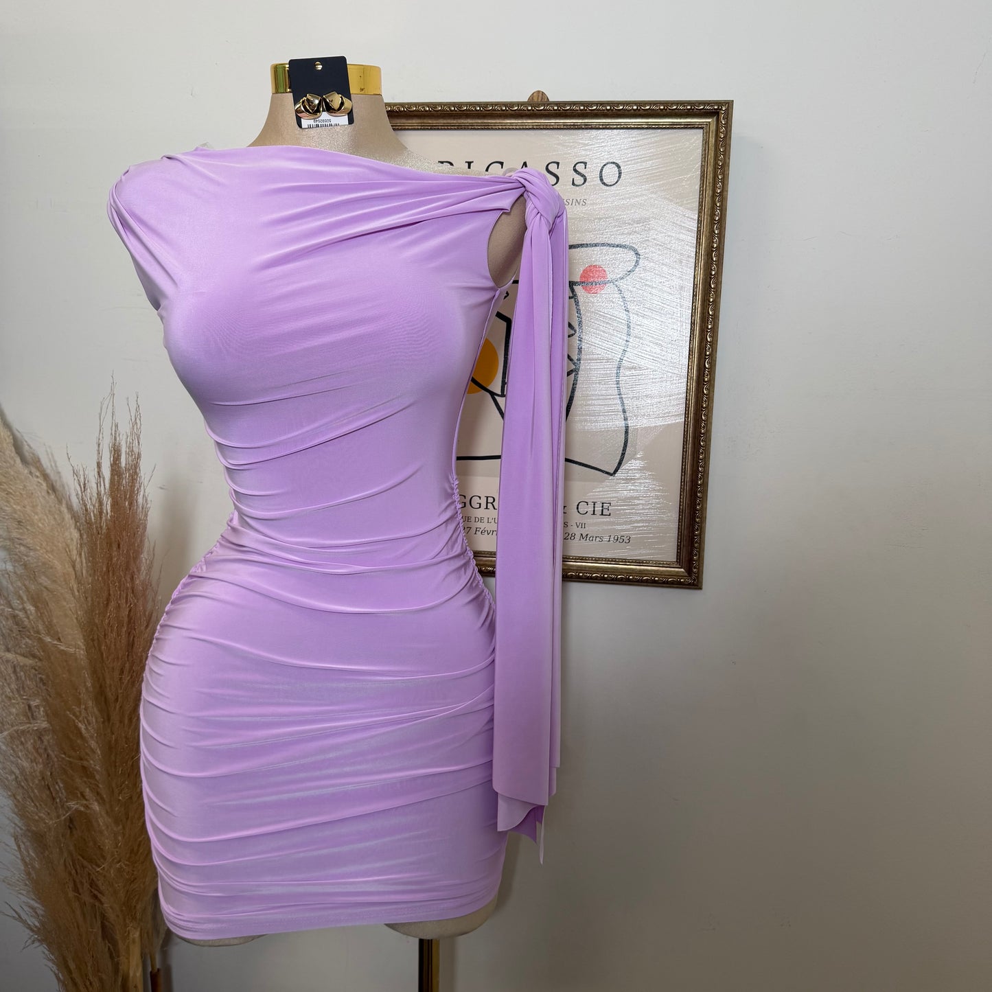 Off Shoulder Ruched Side Tie Mini Dress-Lavander