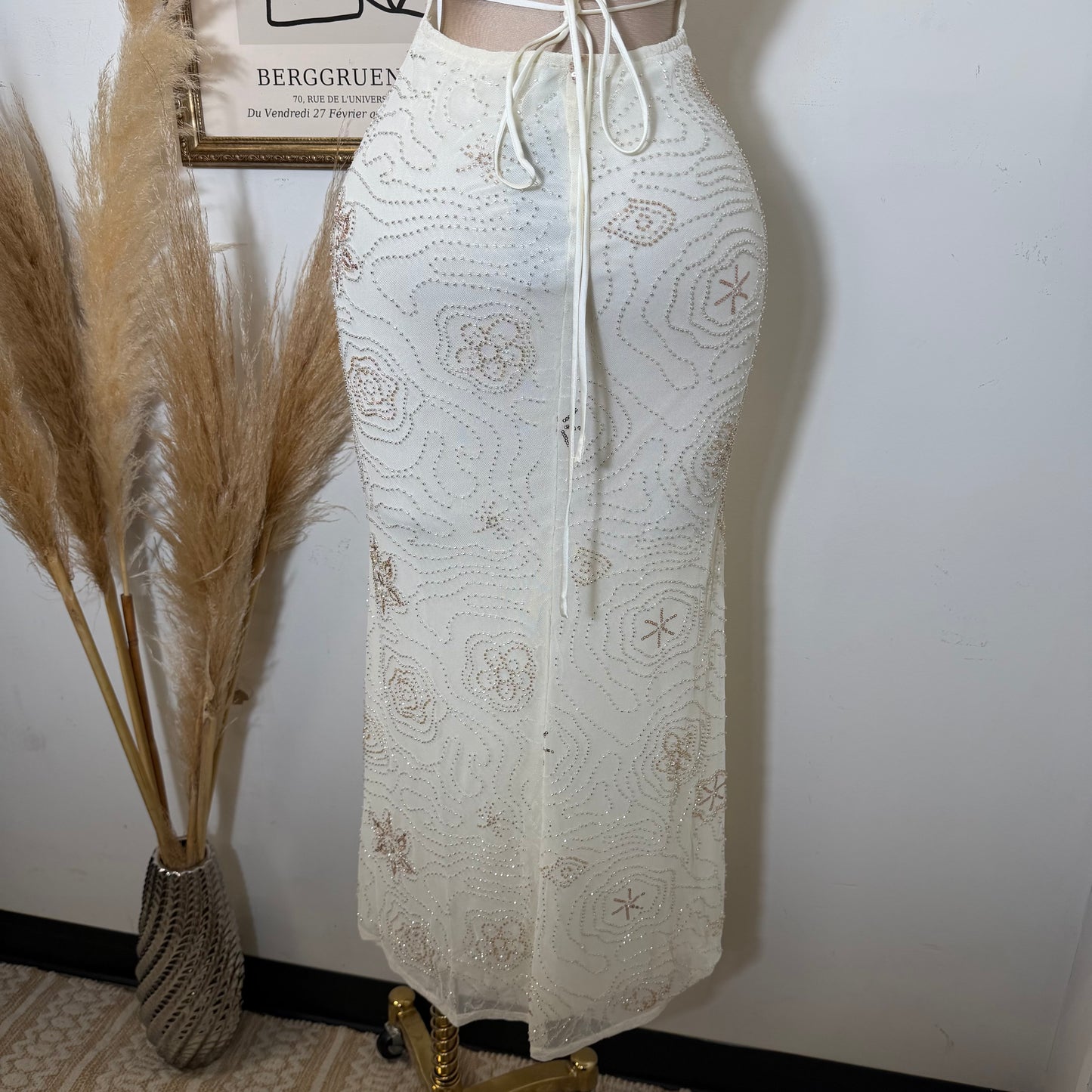 Halter Neck Lace Up Back Detail Mermaid Midi Dress-Cream
