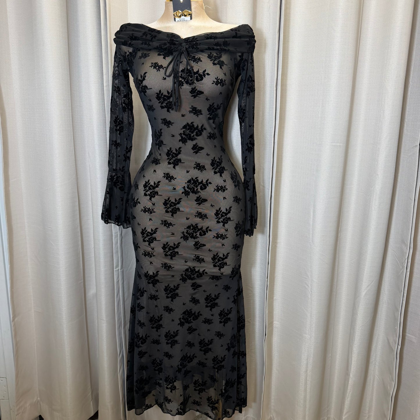 Flocked Long Sleeve Mesh off shoulder maxi Dress-Black/Nude