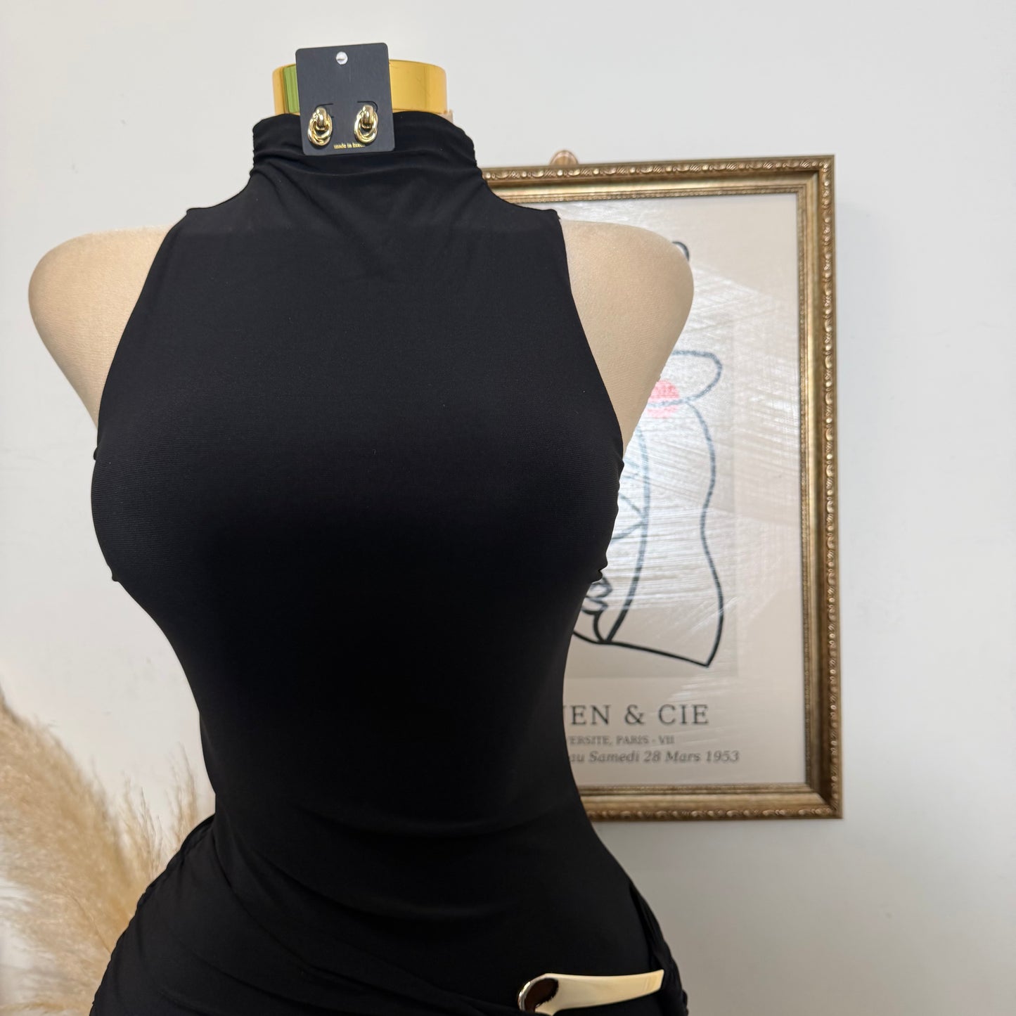 Mock Neck Front Sash With Trim Detail Mini Dress-Black (Copy)