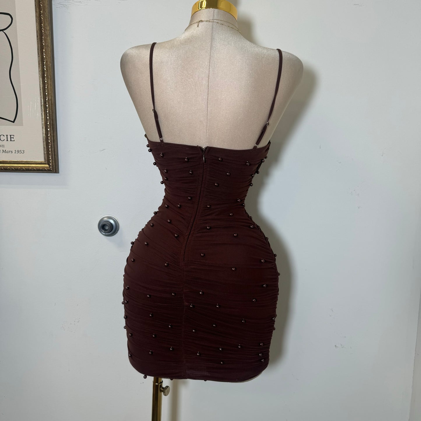 Pearl Mesh Ruched Sleeveless Mini Dress-Brown