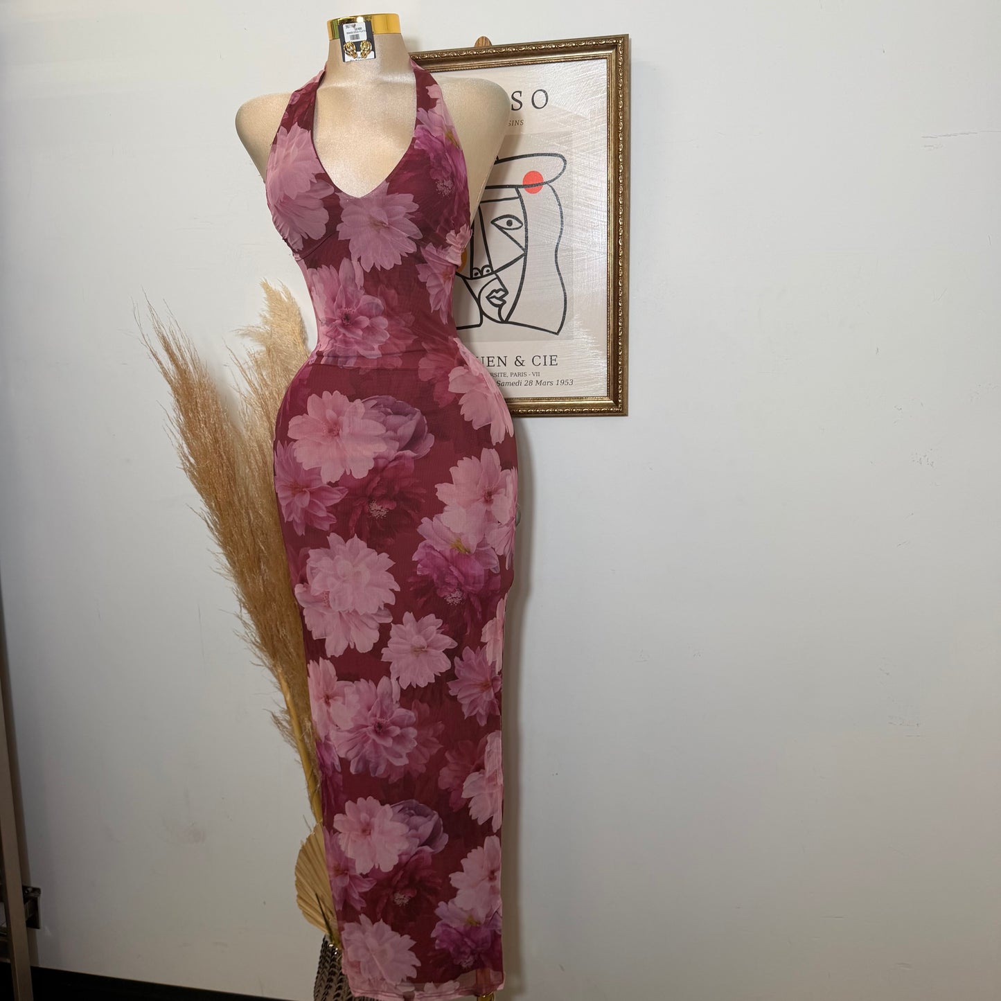 Mesh Print Halter Neck Back slit Maxi Dress-Mauve