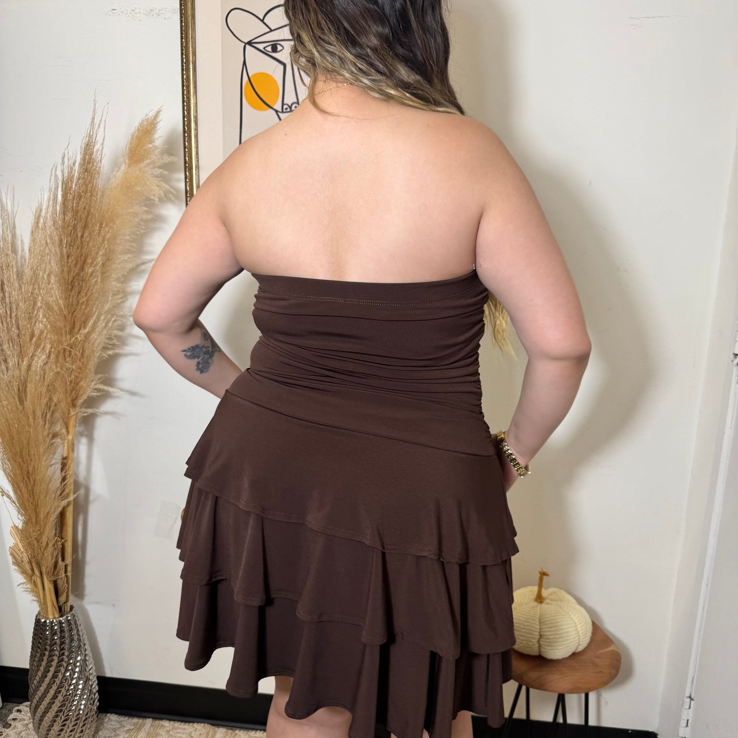 Ruffle Tube Dress-Brown